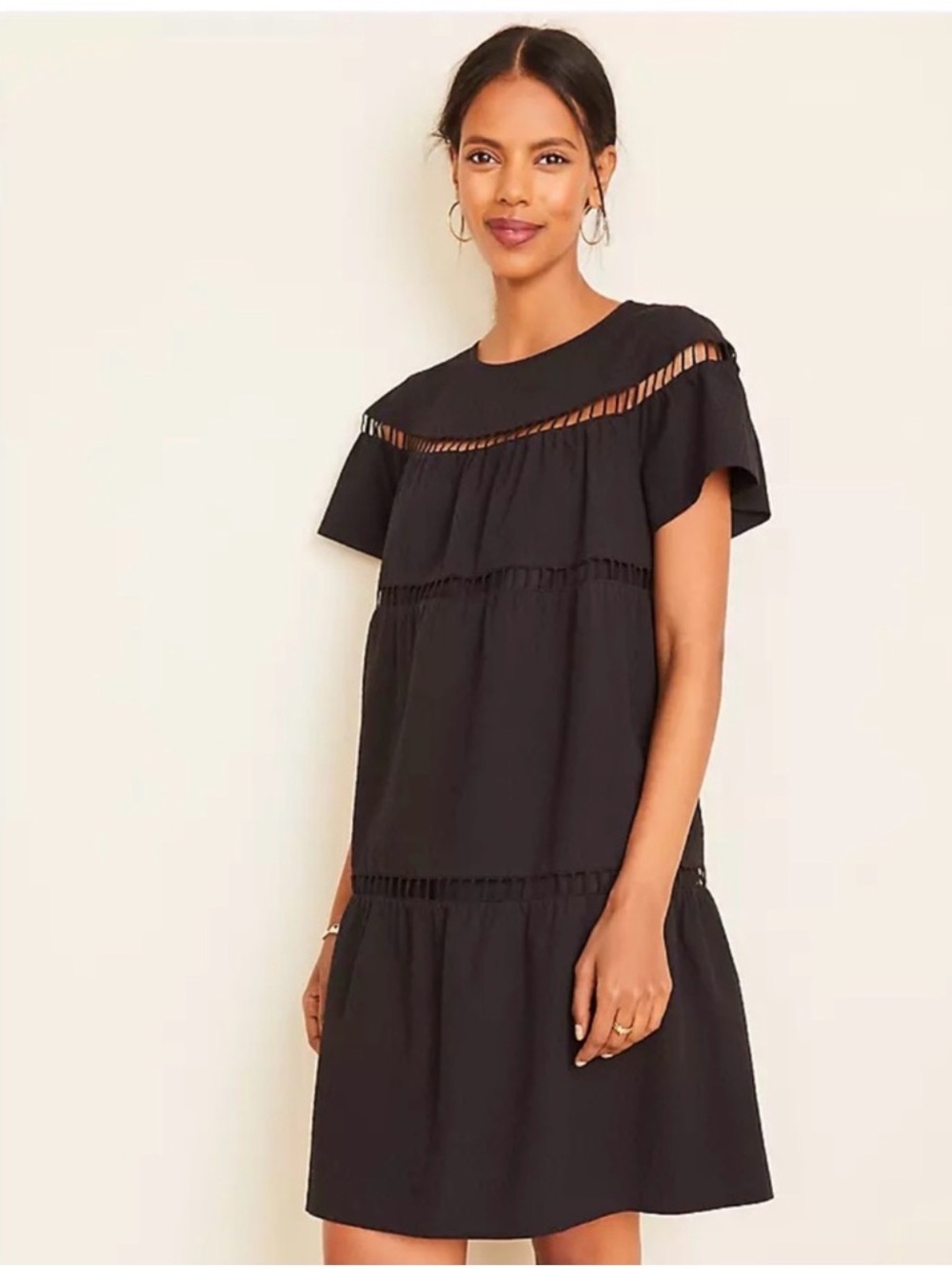 Ann Taylor Black Short-Sleeve Tiered Mini Dress with Ladder Trim